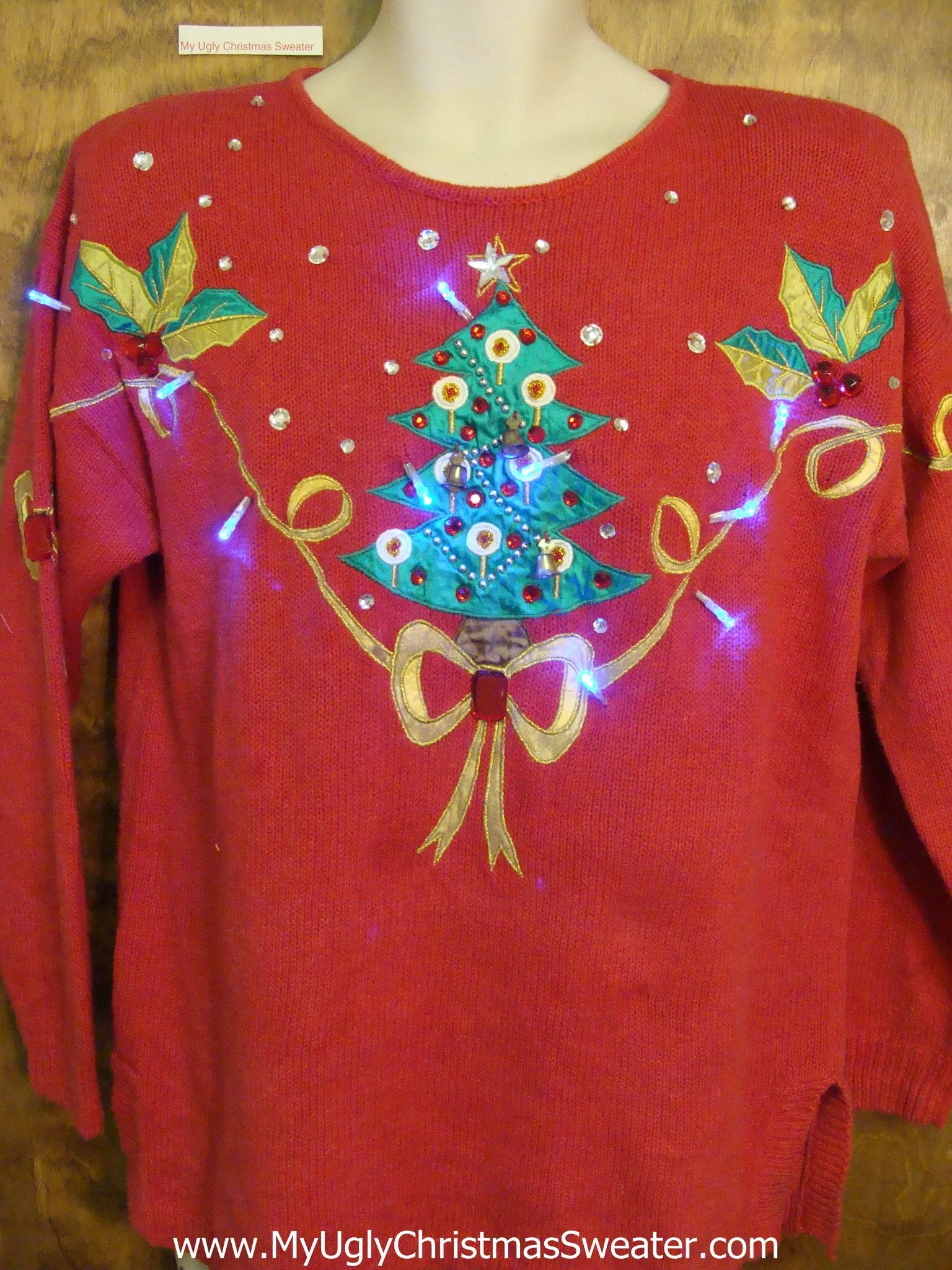 80s Bling Tree Red Light Up Ugly Xmas Sweater