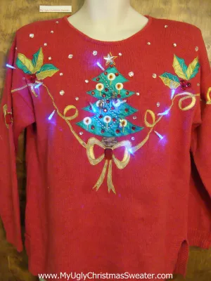80s Bling Tree Red Light Up Ugly Xmas Sweater