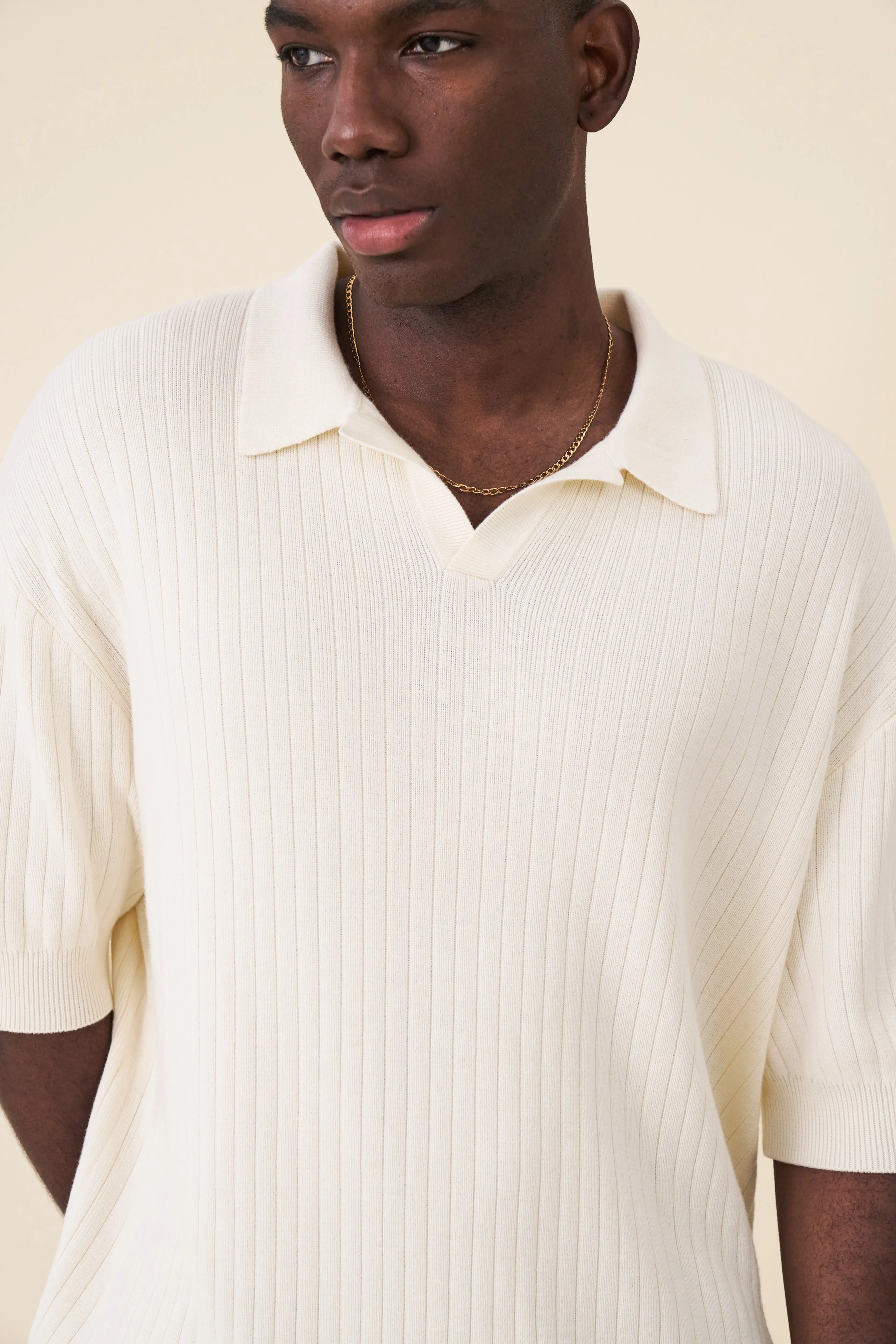 BALEARIC RIBBED KNIT POLO - ECRU