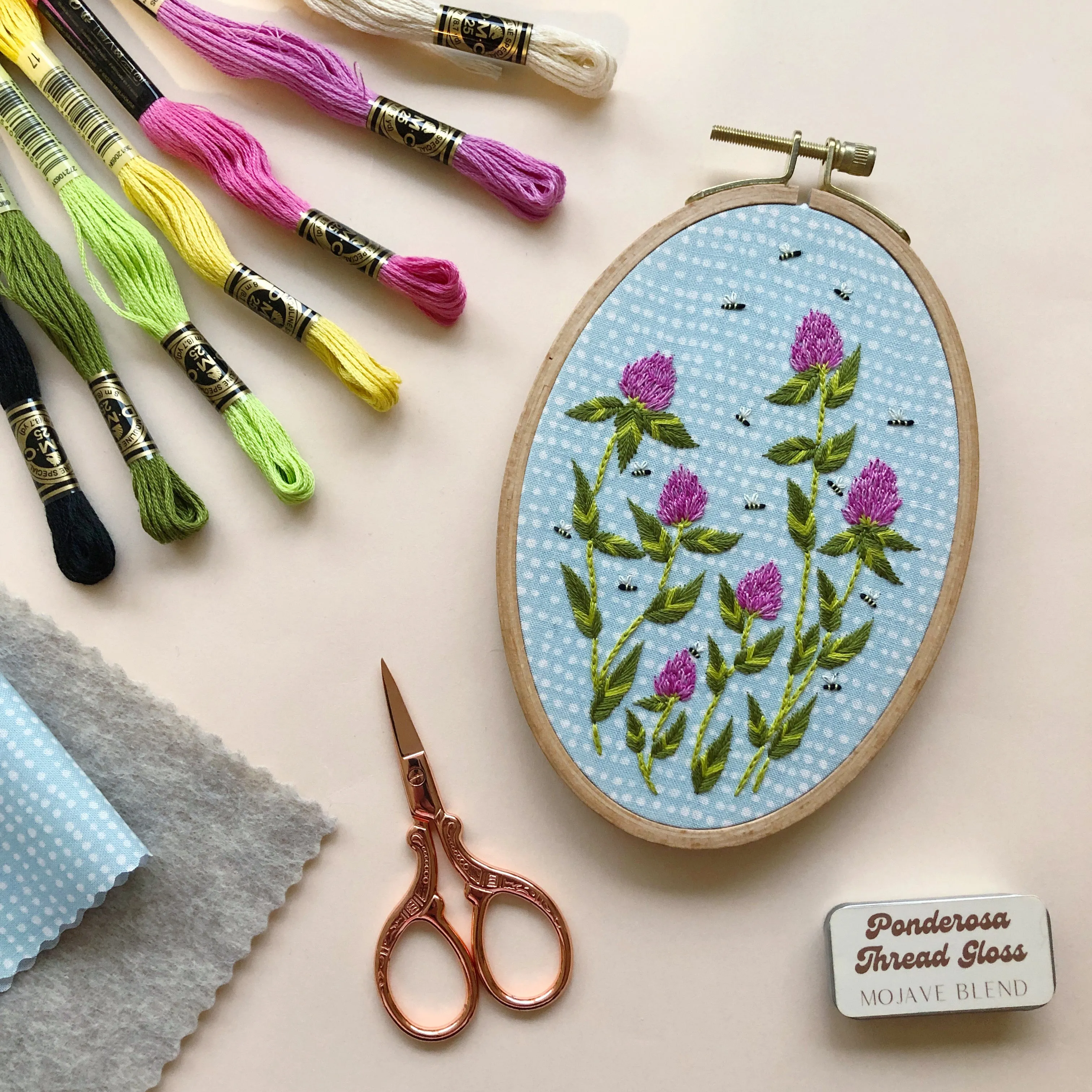 Bees Among Clover - Flower Embroidery Kit for Intermediate Stitchers