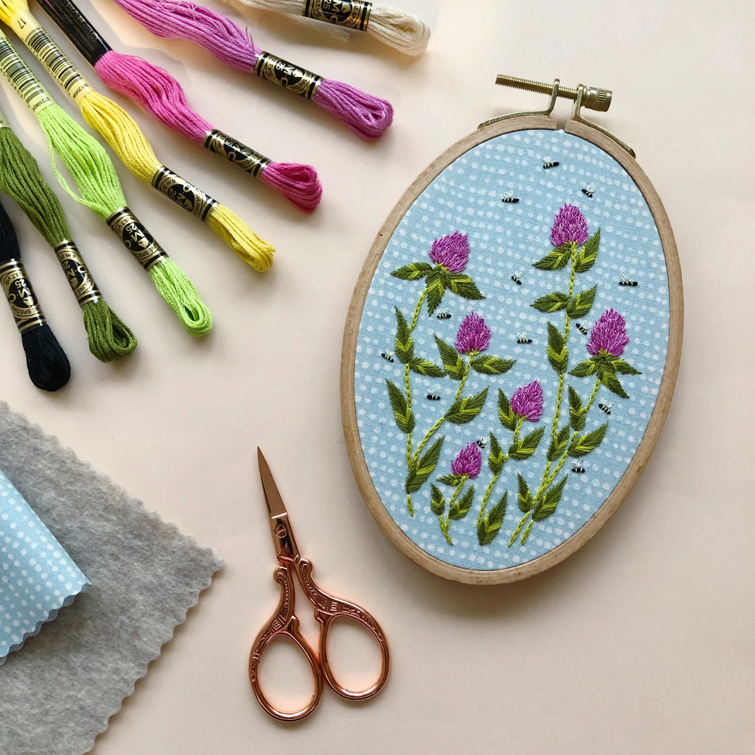 Bees Among Clover - Flower Embroidery Kit for Intermediate Stitchers