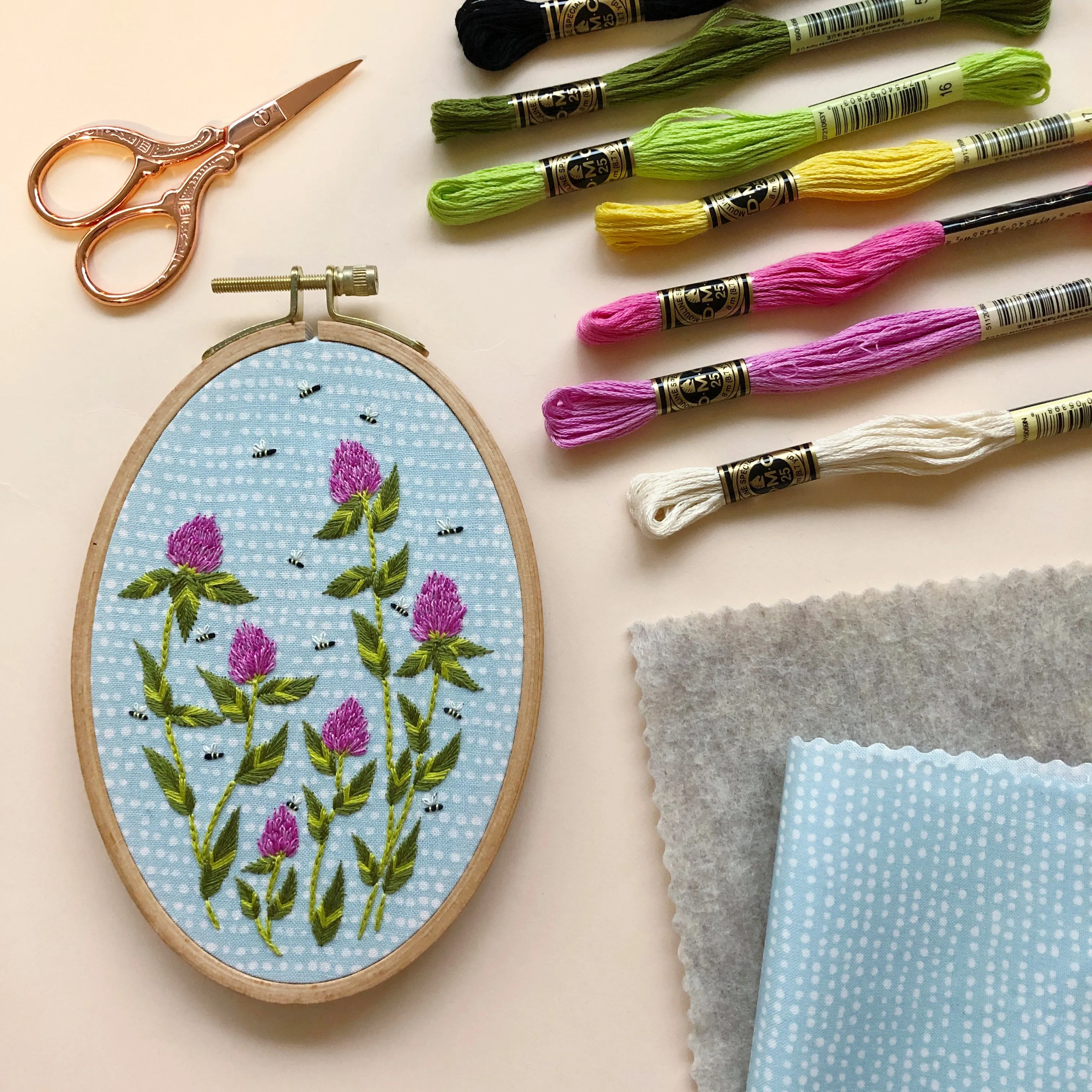 Bees Among Clover - Flower Embroidery Kit for Intermediate Stitchers
