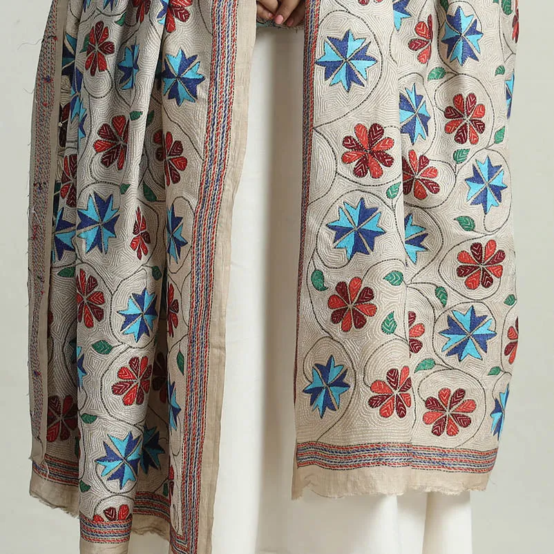 Beige - Bengal Kantha Embroidery Pure Tussar Silk Handloom Dupatta 152