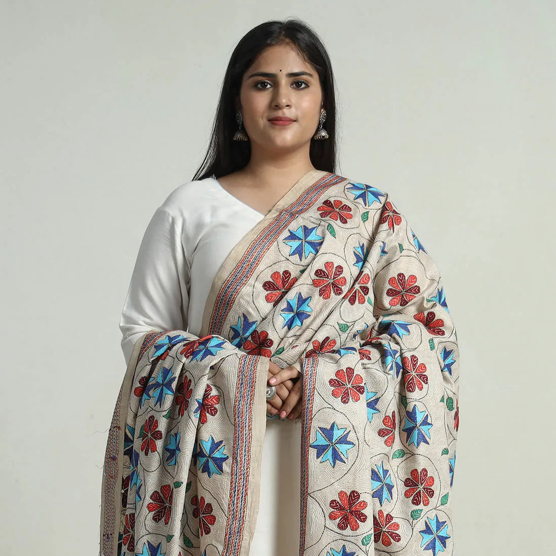 Beige - Bengal Kantha Embroidery Pure Tussar Silk Handloom Dupatta 152
