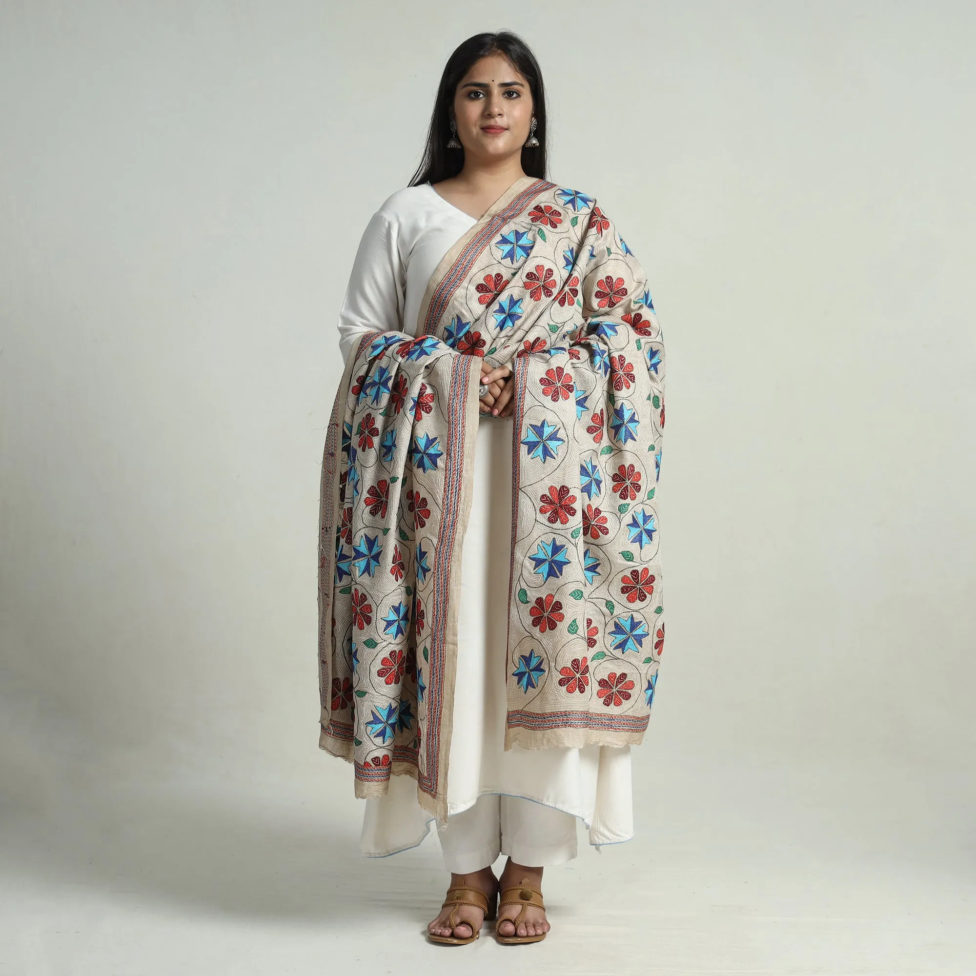 Beige - Bengal Kantha Embroidery Pure Tussar Silk Handloom Dupatta 152