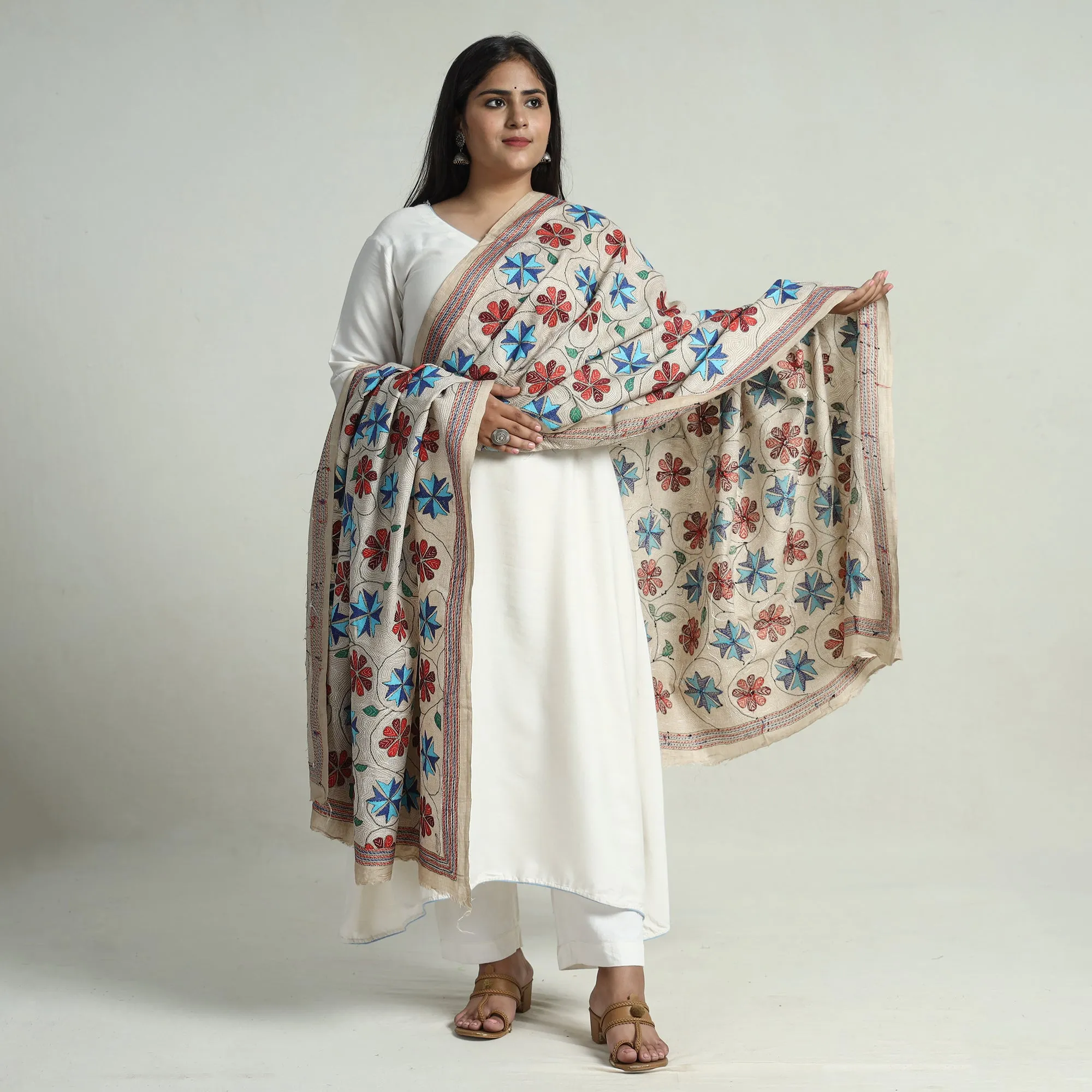 Beige - Bengal Kantha Embroidery Pure Tussar Silk Handloom Dupatta 152
