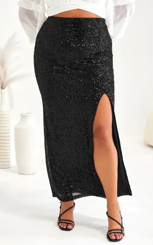 Beyond The Stars Elastic Back Sequin Maxi Skirt - Black
