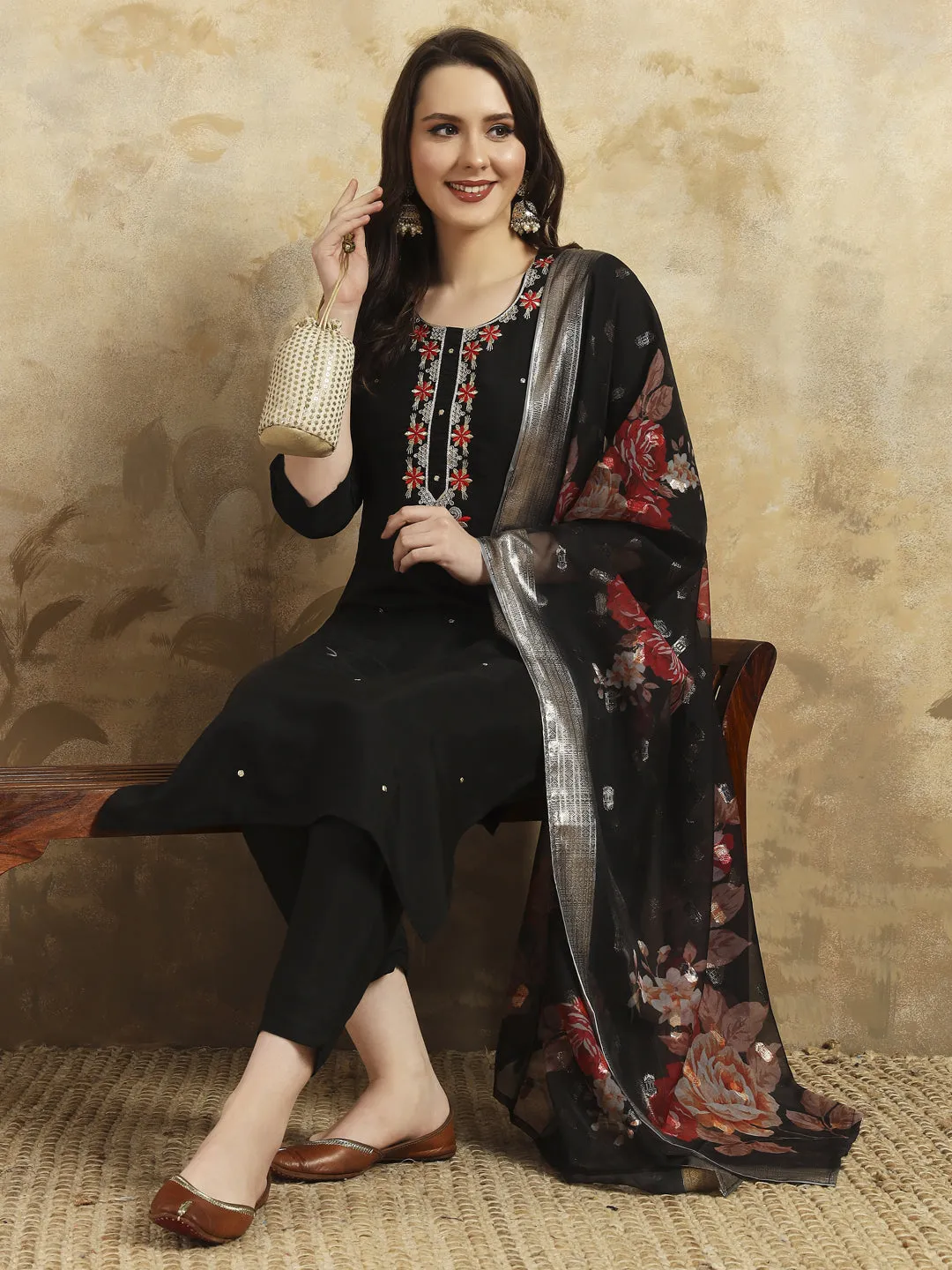 Black Designer Party Wear Readymade Pant Suit With Printed Embroidery Work