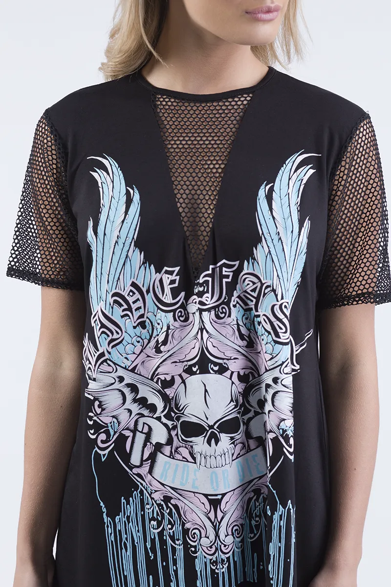 Black Ride Or Die Slogan Mesh T-Shirt Dress - Darcie