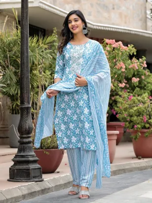 Blue Floral Printed Cotton Kurta, Pant And Dupatta Set With Thread & Mirror Work
