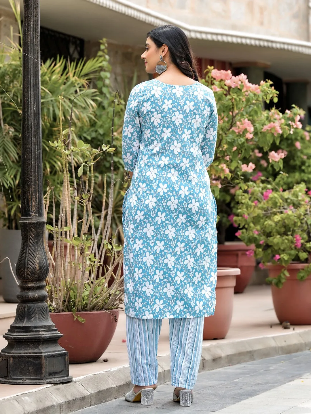 Blue Floral Printed Cotton Kurta, Pant And Dupatta Set With Thread & Mirror Work
