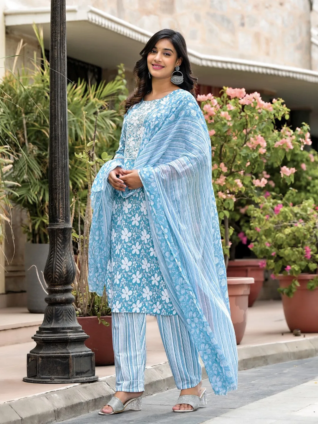 Blue Floral Printed Cotton Kurta, Pant And Dupatta Set With Thread & Mirror Work