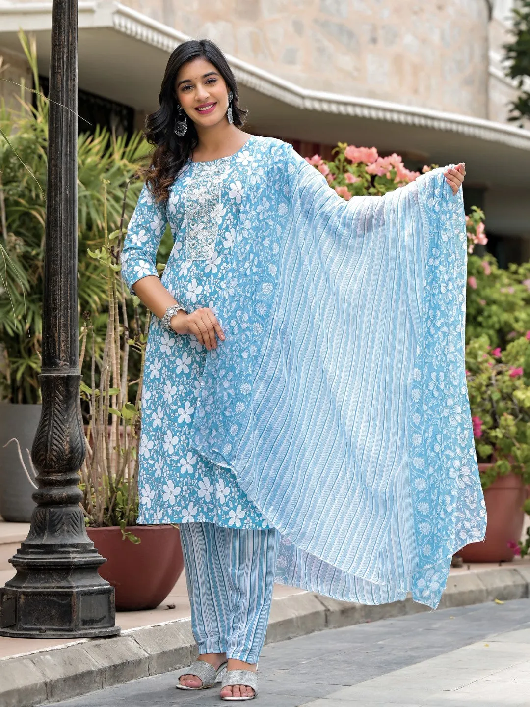 Blue Floral Printed Cotton Kurta, Pant And Dupatta Set With Thread & Mirror Work