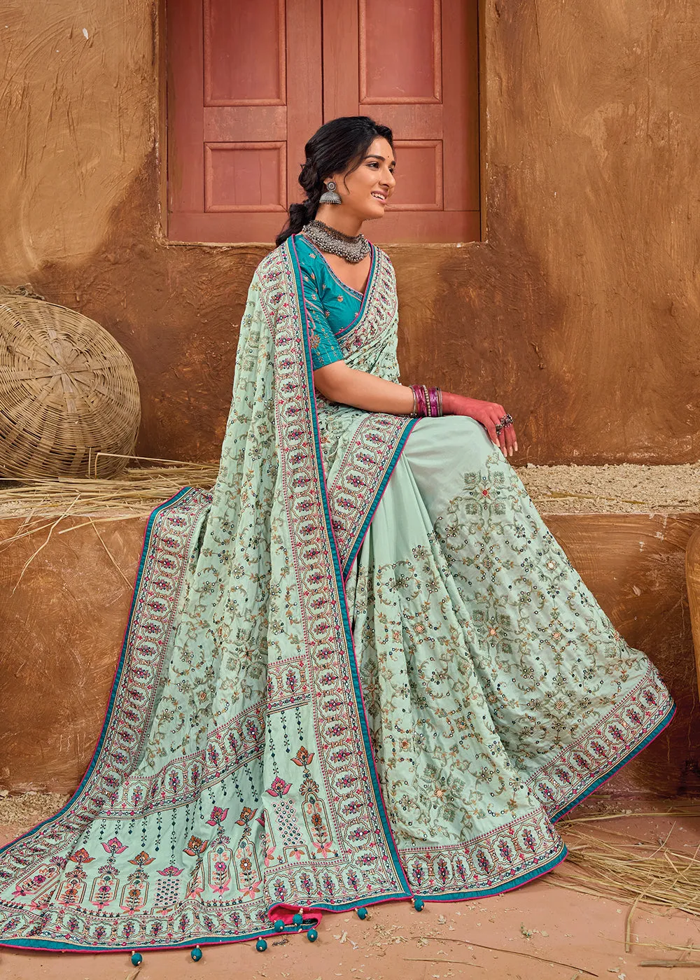 Blue Kachhi & Mirror Work Traditional Banarasi Saree