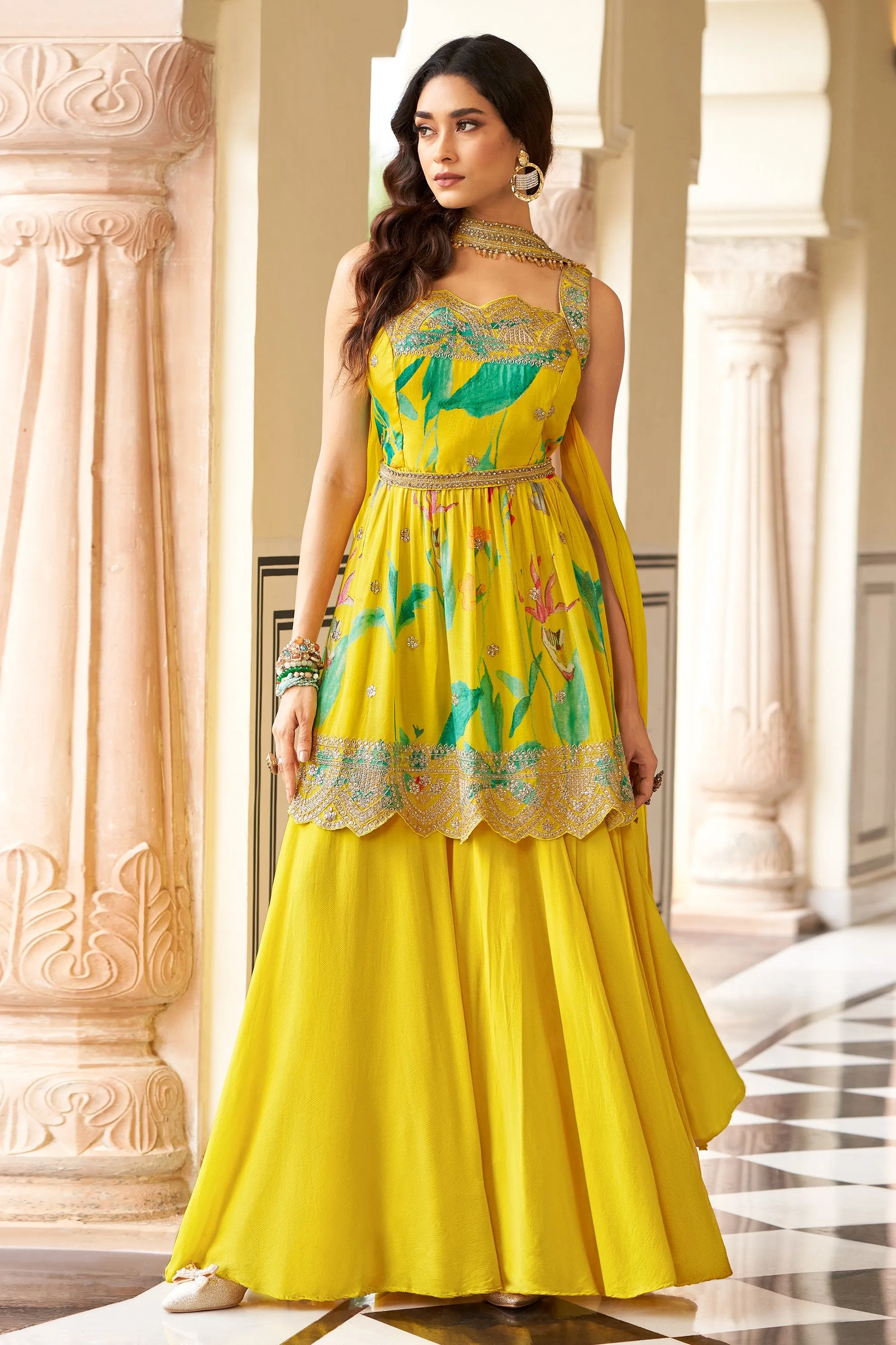 Bright Yellow Floral Printed Georgette Silk Palazzo Set