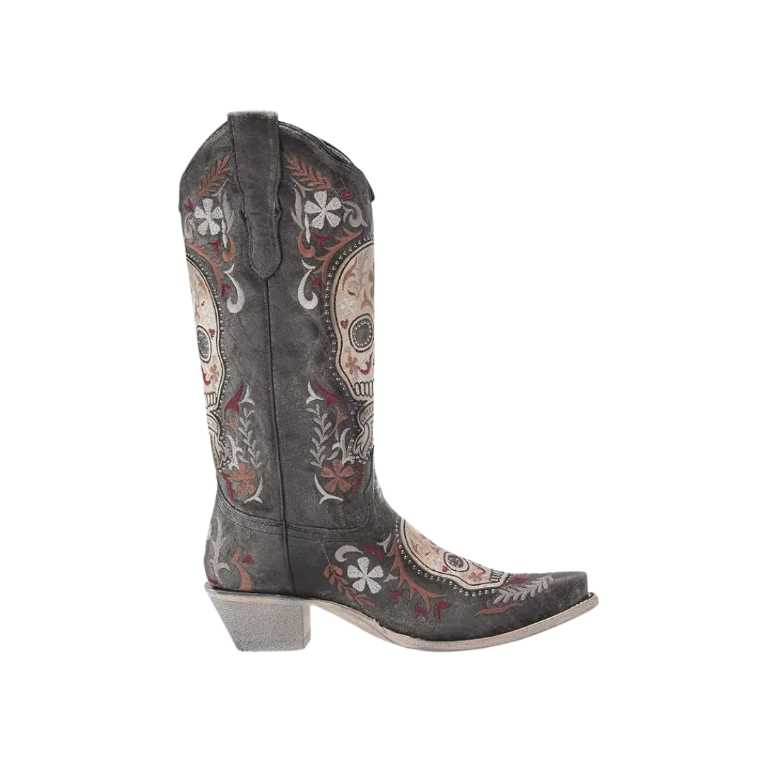 Corral Boots Women's Black and White Sugar Skull Embroidered Boots