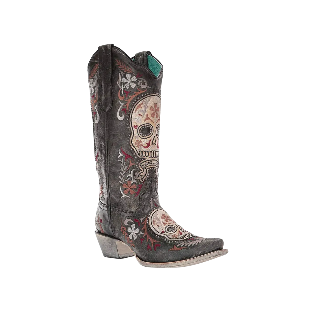 Corral Boots Women's Black and White Sugar Skull Embroidered Boots