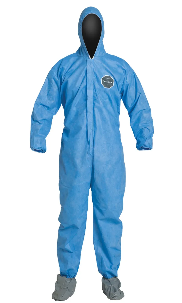 Coveralls - DuPont ProShield® 10 Standard Fit Hood, Elastic Waist & Wrists, Attached Skid-Resistant Boots, Serged Seams, Blue (Case of 25) PB122S