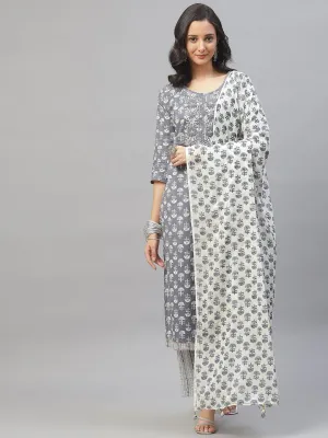 Grey And White Floral Printed Kurta Pant Set With Dupatta