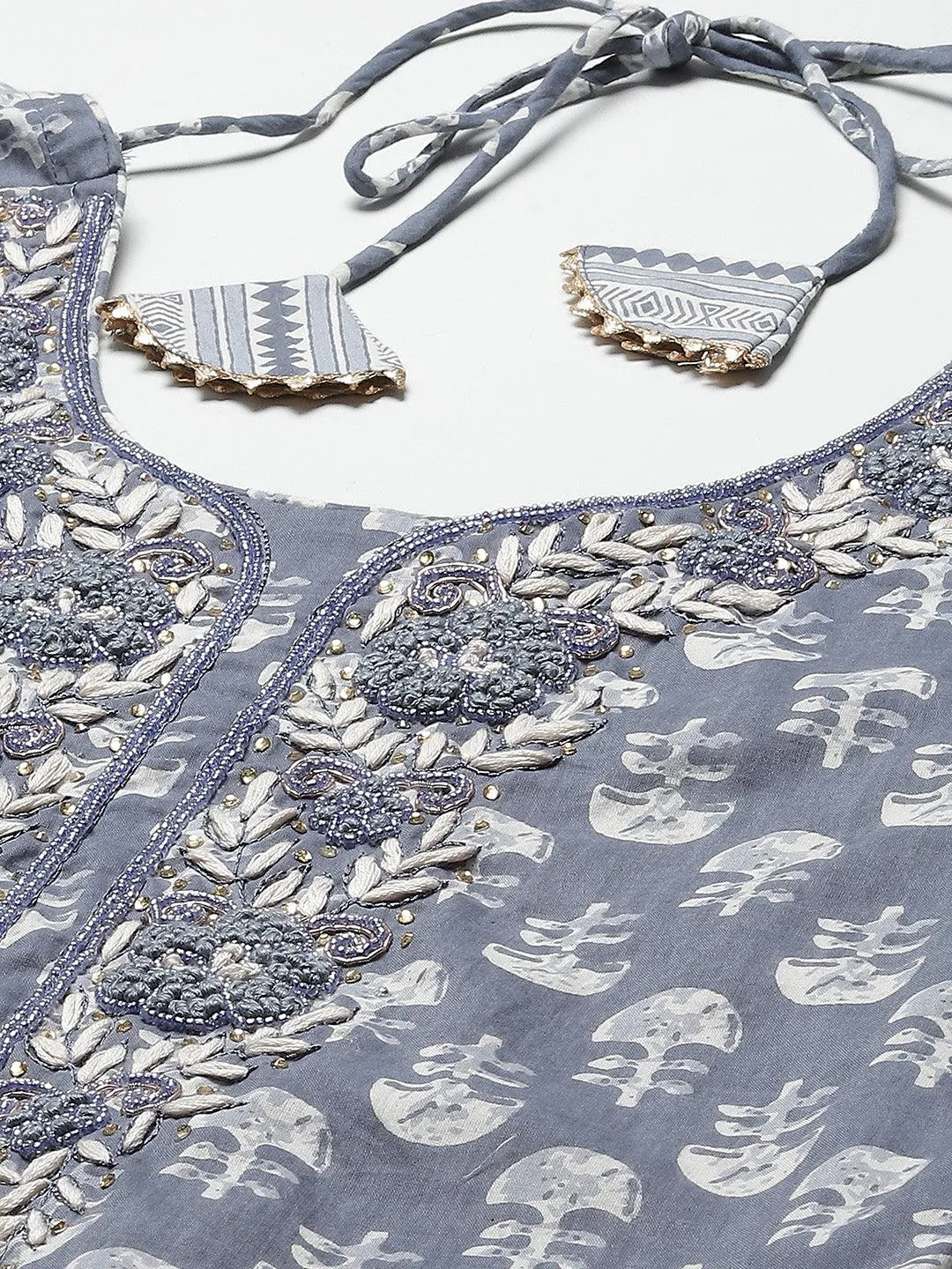 Grey And White Floral Printed Kurta Pant Set With Dupatta