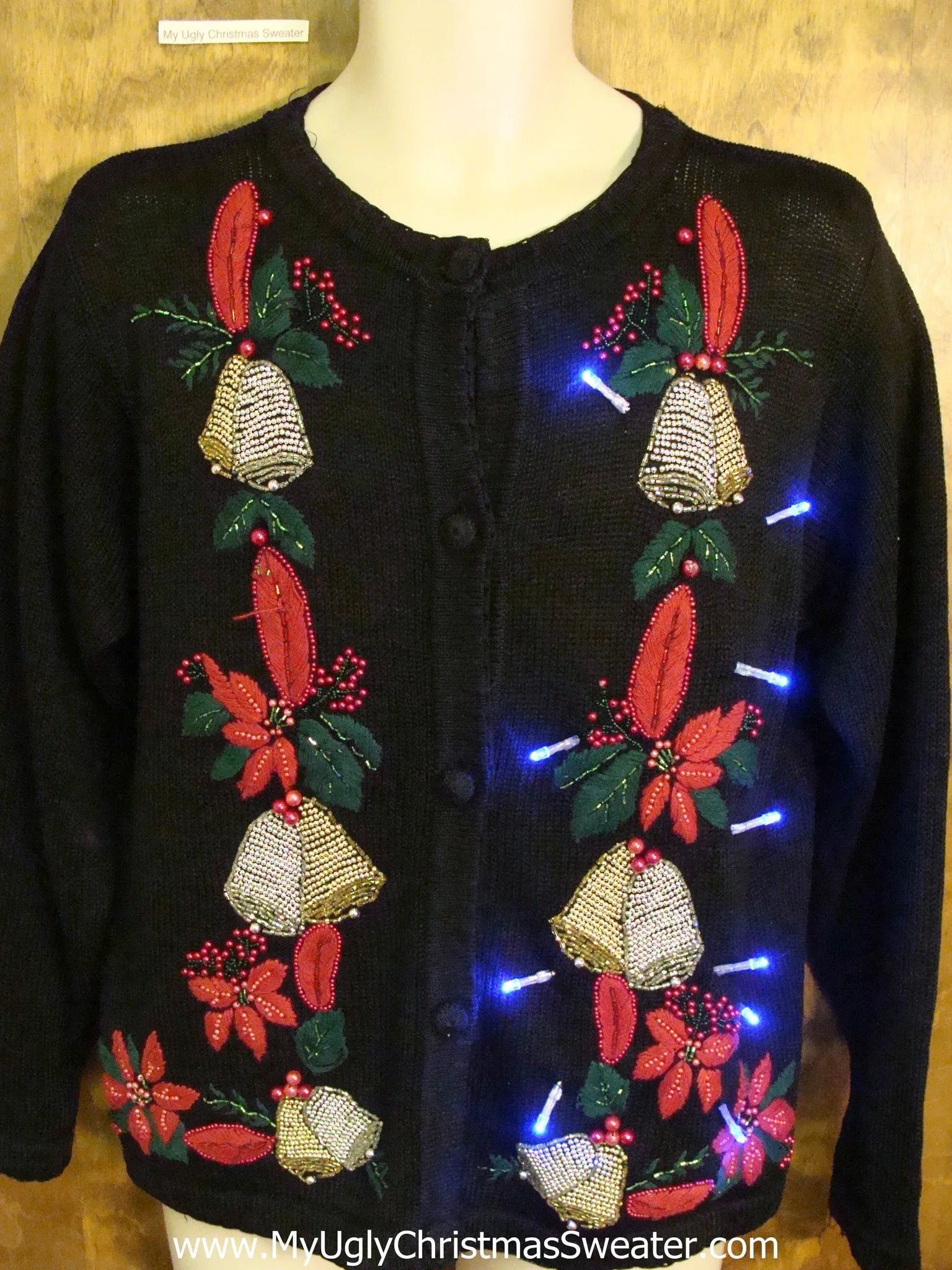 Horrible Black Light Up Ugly Xmas Sweater with Golden Bells