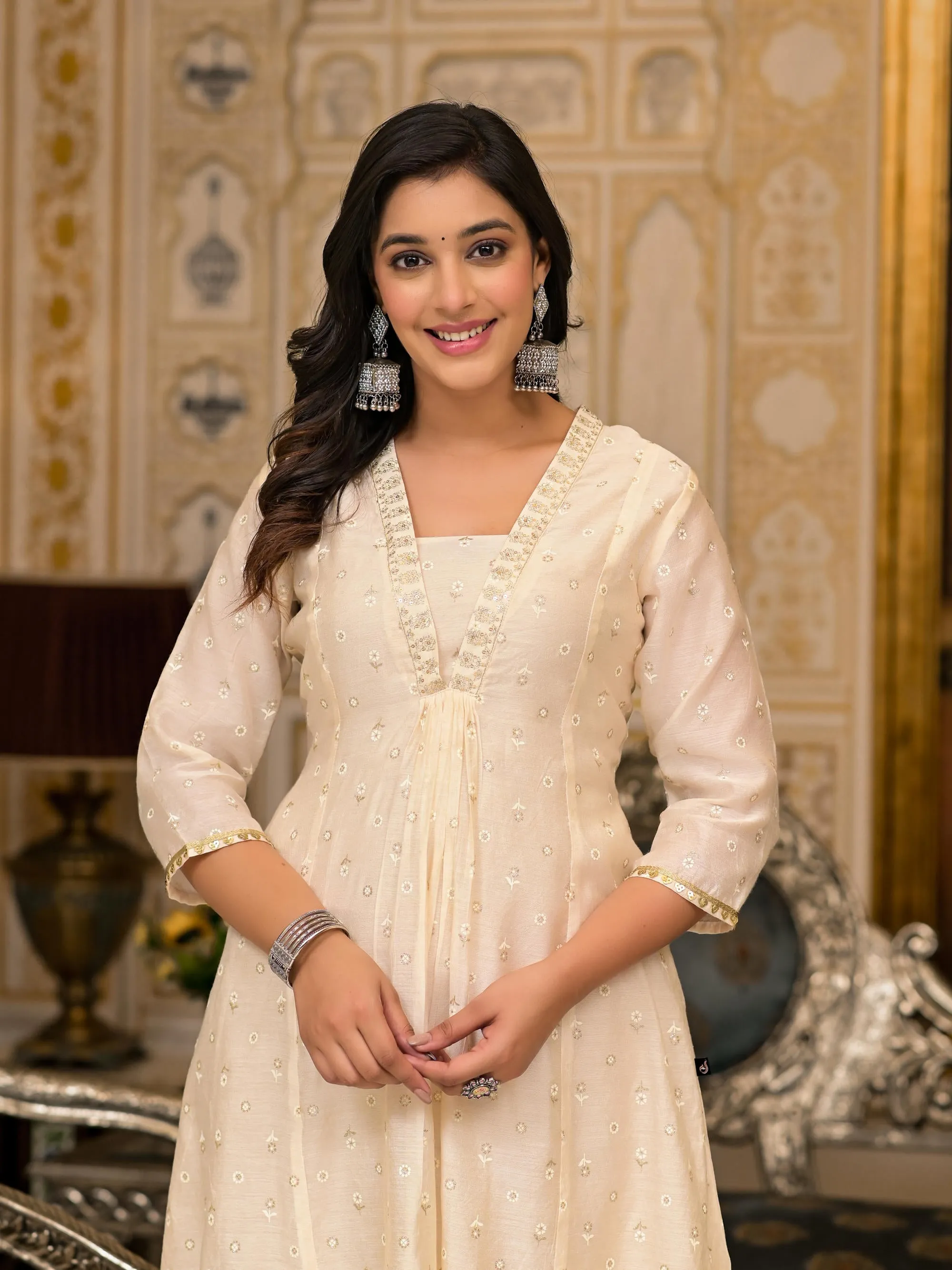 Ivory Floral Printed Chanderi Kurta With Mirror Work Embroidery