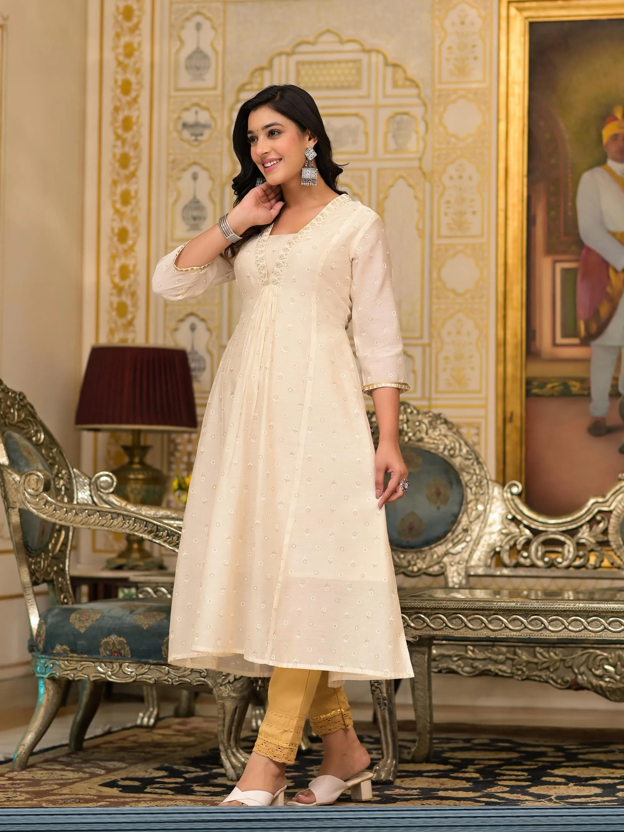 Ivory Floral Printed Chanderi Kurta With Mirror Work Embroidery