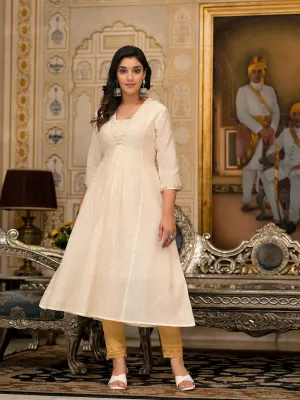 Ivory Floral Printed Chanderi Kurta With Mirror Work Embroidery