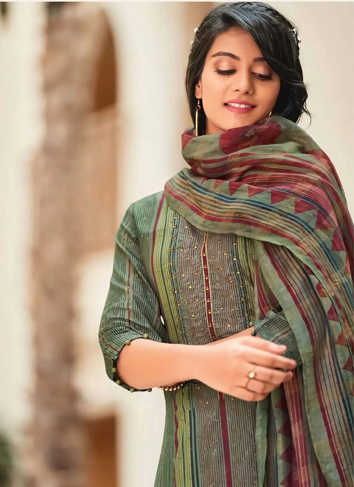 Jay Vijay Unstitched Green Muslin Silk Salwar Suit Material for Women