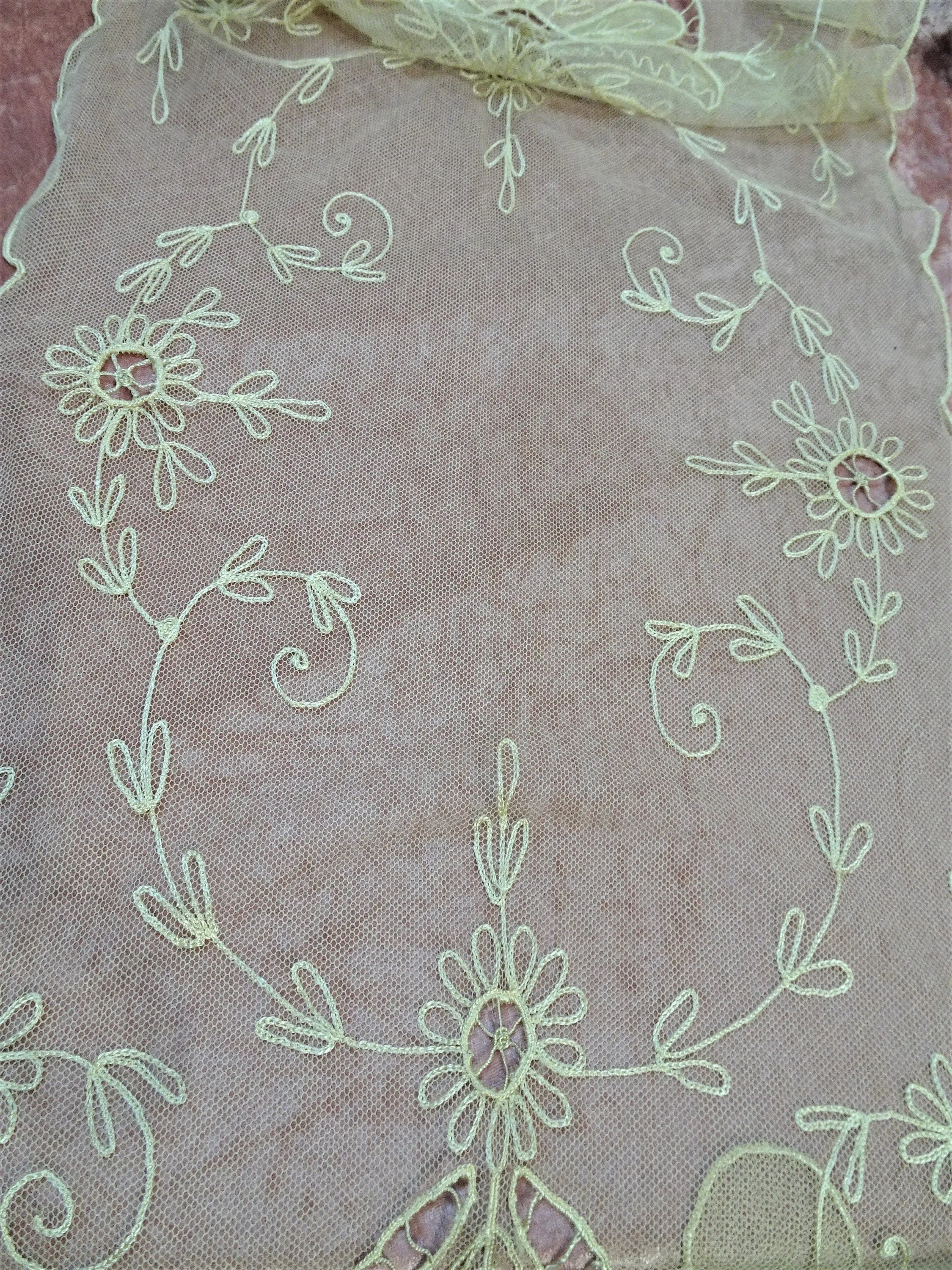 LOVELY 20s French Netted Tulle Lace, Lace Centerpiece,Lace Runner Scarf ,Tambour Work ,Pastel Appliques, French Chateau Decor,French Lace