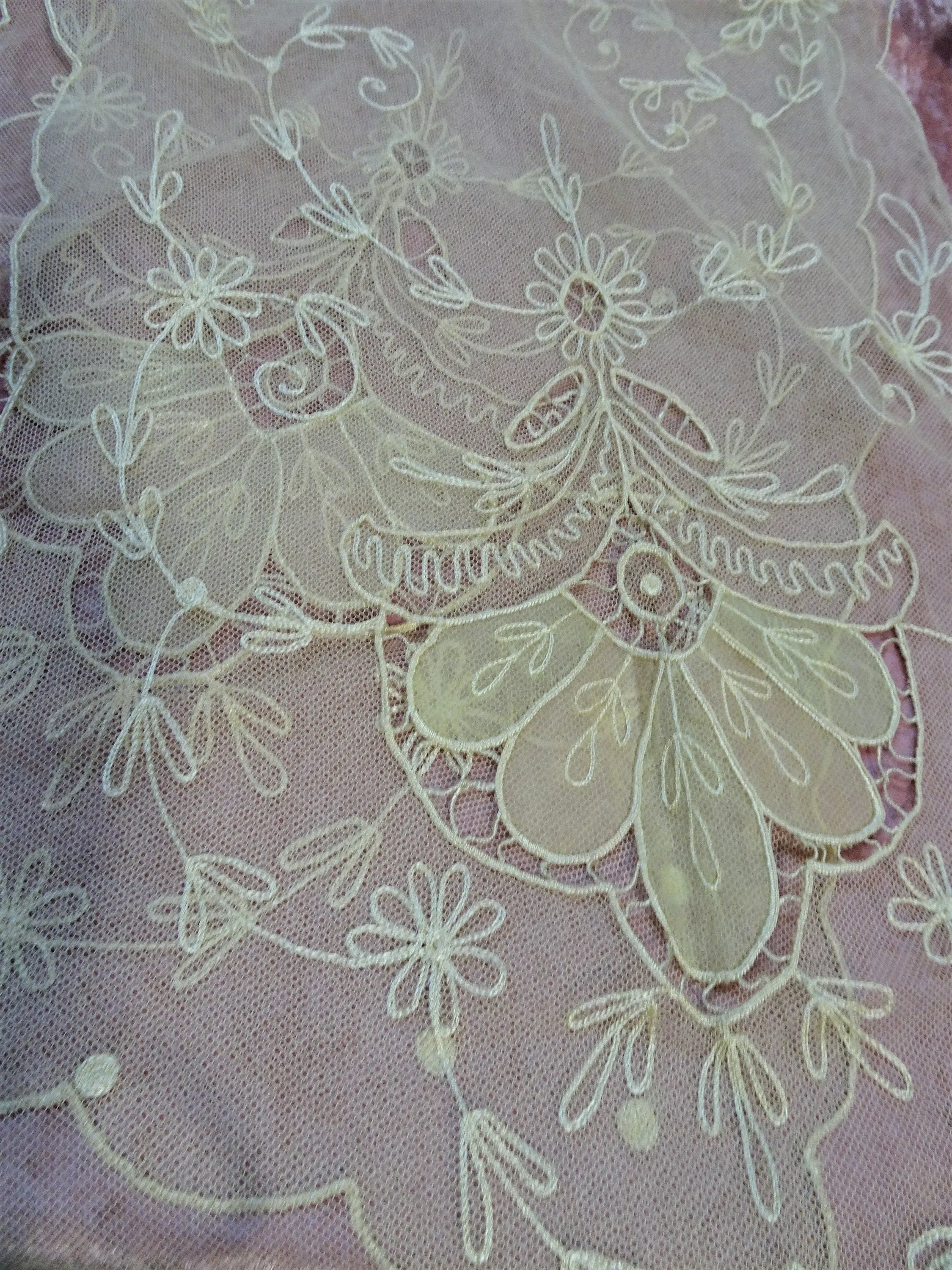 LOVELY 20s French Netted Tulle Lace, Lace Centerpiece,Lace Runner Scarf ,Tambour Work ,Pastel Appliques, French Chateau Decor,French Lace