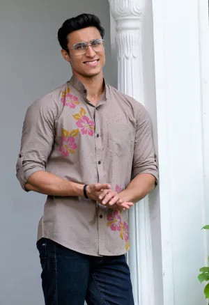 Men Floral Printed Spread Collar Cotton Shirt