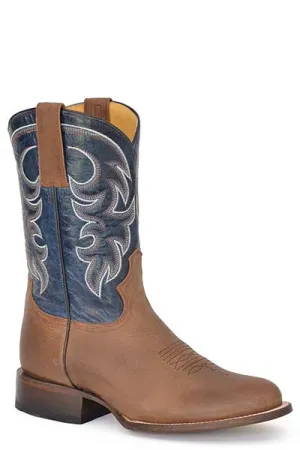 Men's Waxy Tan Rowdy Round Toe Boots with Dark Blue Tops from Roper Footwear