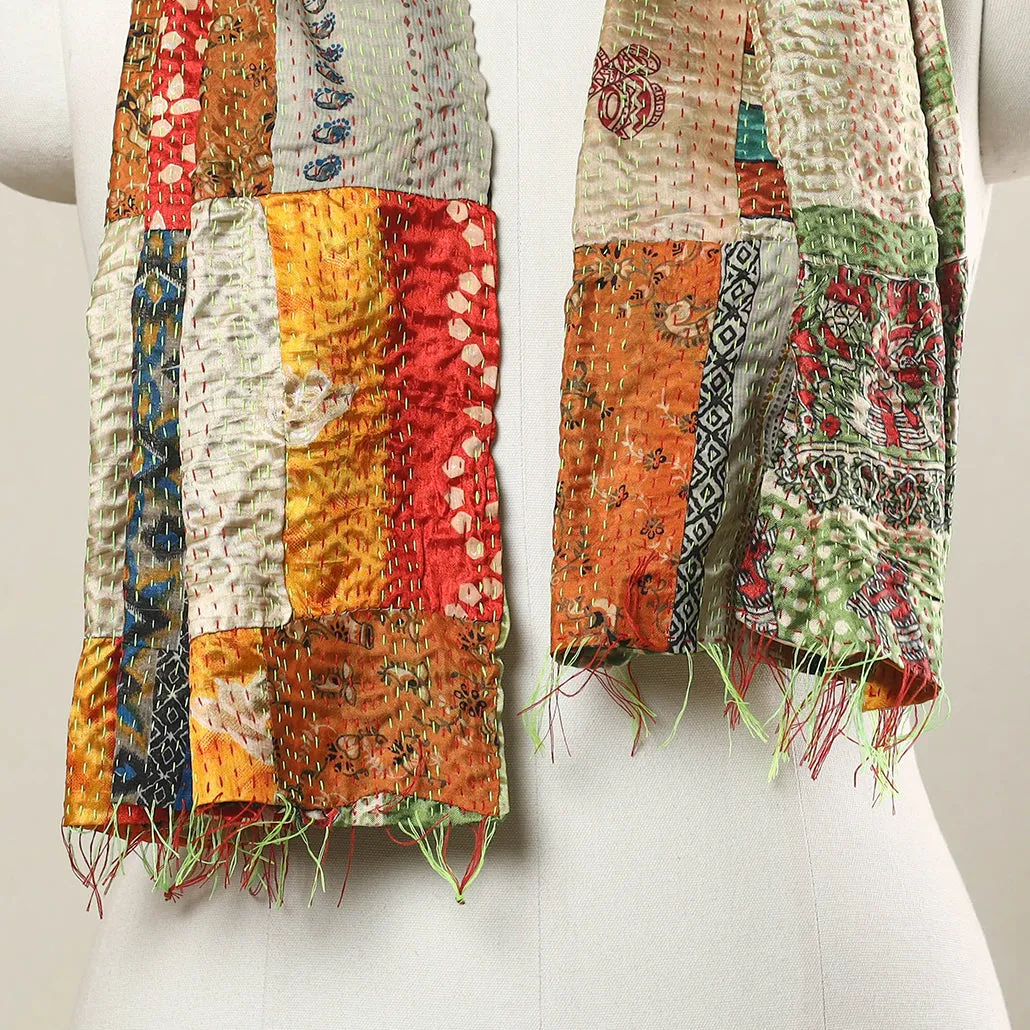 Multicolor - Bengal Kantha Embroidery Patchwork Reversible Silk Stole 16