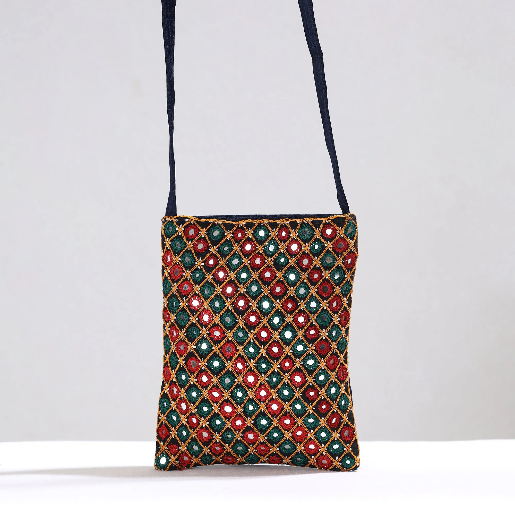 Multicolor - Kutch Abhla Hand Embroidery Mirror Work Mashru Silk Sling Bag 05