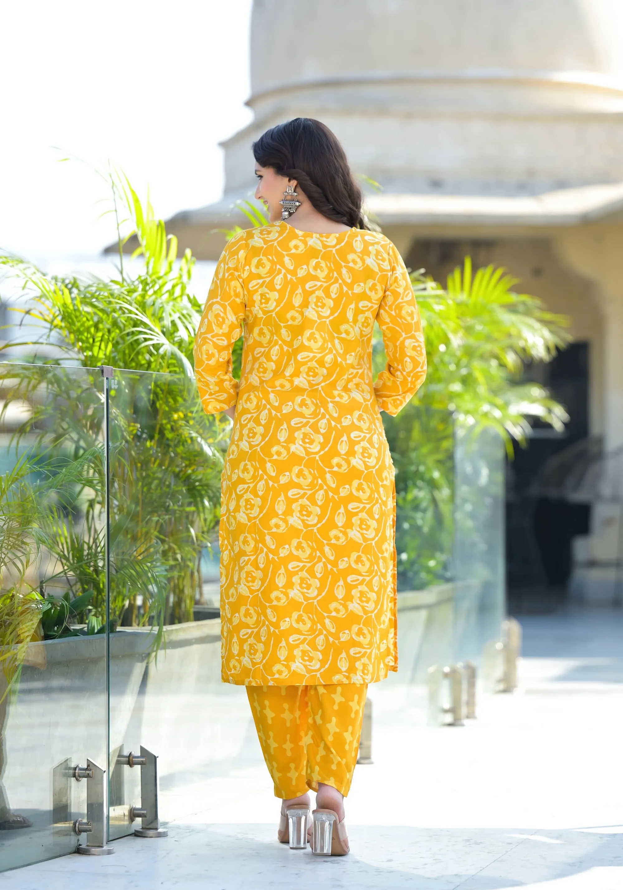 Mustard Floral Printed Cotton Kurta Set With Thread Work & Sequins