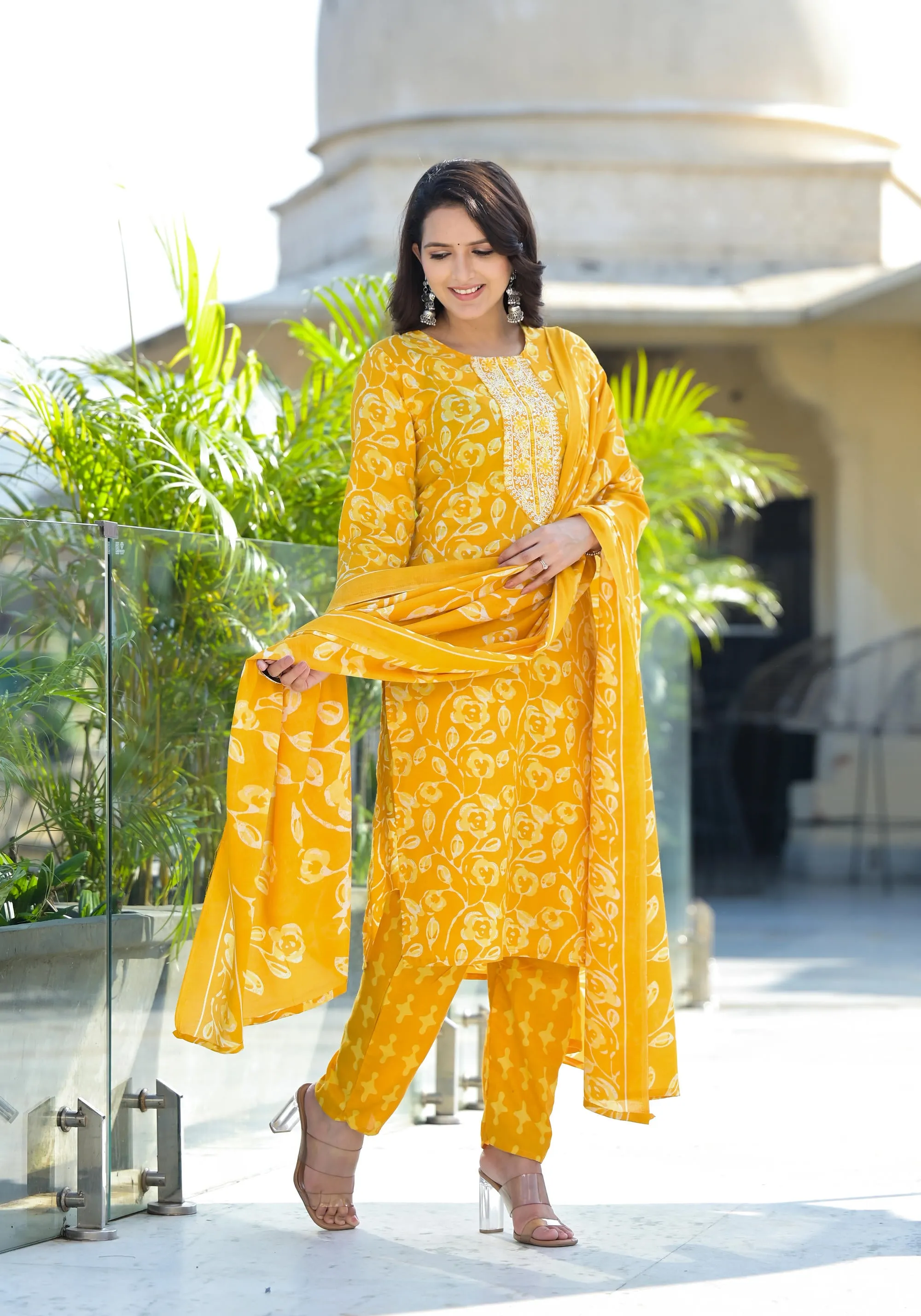 Mustard Floral Printed Cotton Kurta Set With Thread Work & Sequins