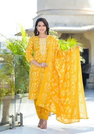 Mustard Floral Printed Cotton Kurta Set With Thread Work & Sequins
