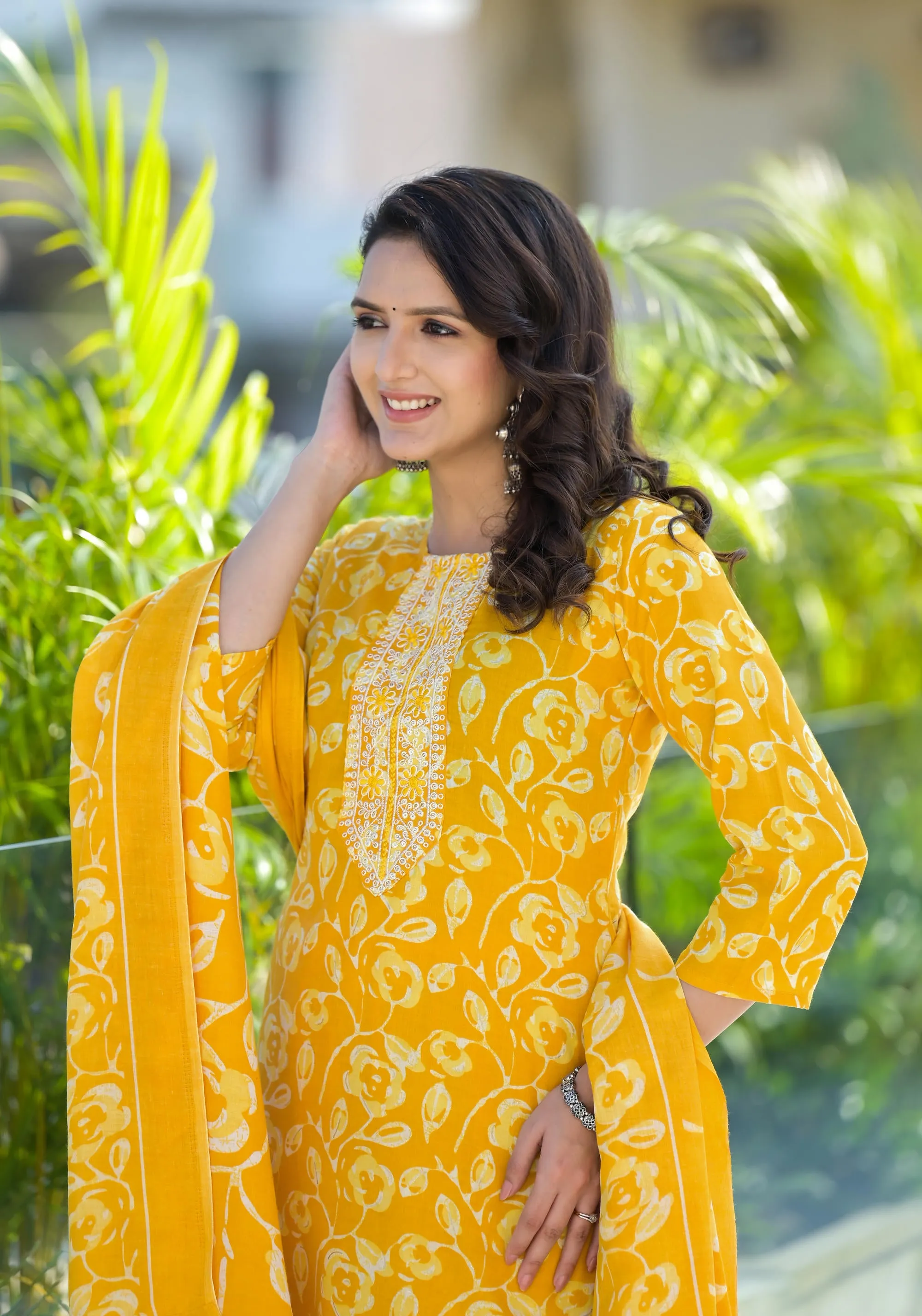 Mustard Floral Printed Cotton Kurta Set With Thread Work & Sequins