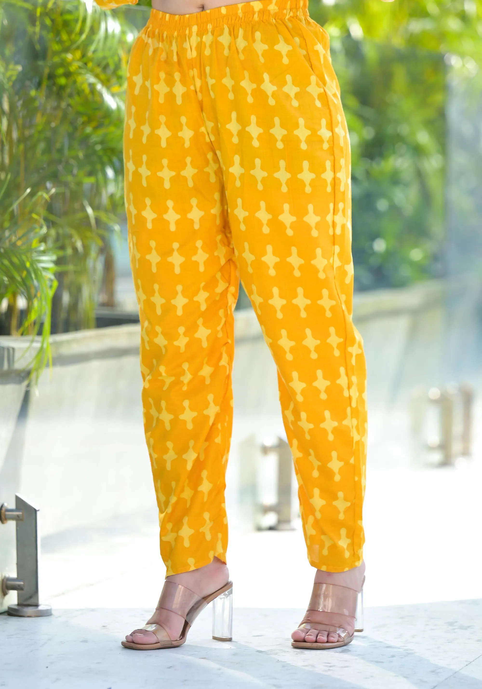 Mustard Floral Printed Cotton Kurta Set With Thread Work & Sequins