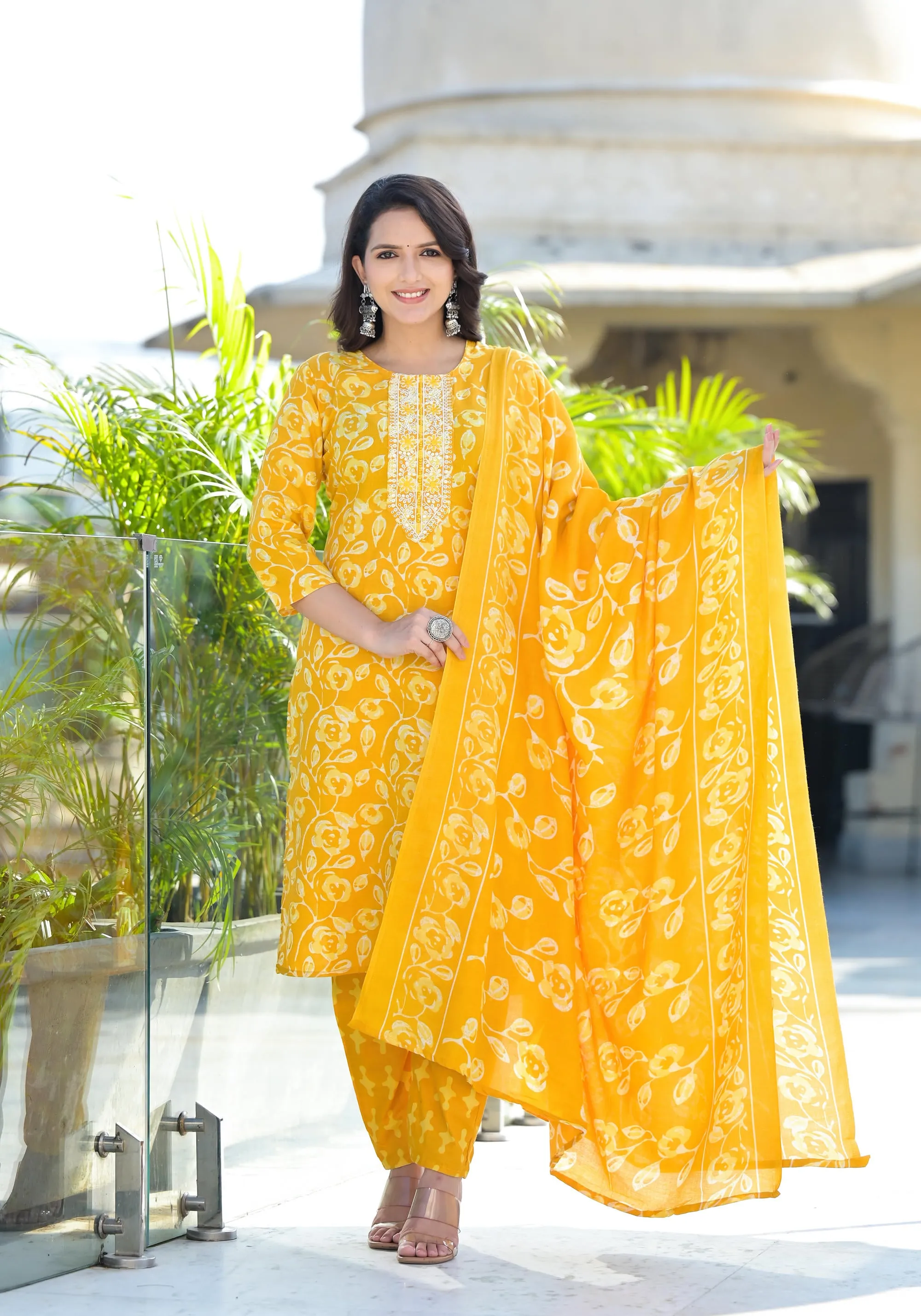 Mustard Floral Printed Cotton Kurta Set With Thread Work & Sequins