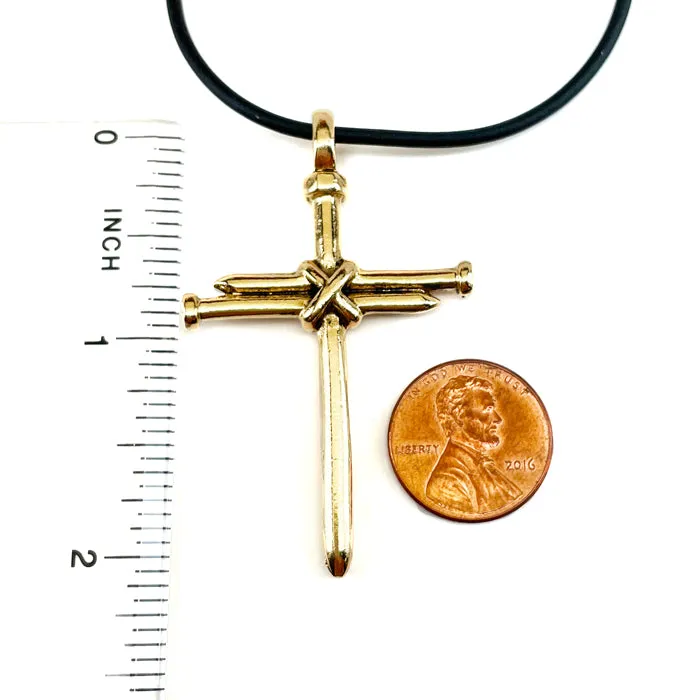 Nail Cross Antique Gold Finish Black Rubber Necklace