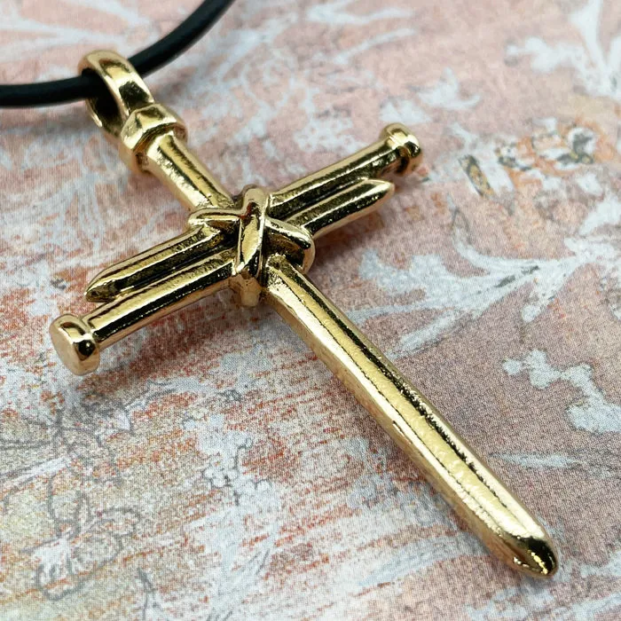 Nail Cross Antique Gold Finish Black Rubber Necklace