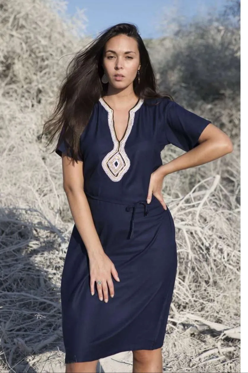 Navy Blue Diamond Pattern Carla Embroidery Tunic Dress-Moroccan Dress