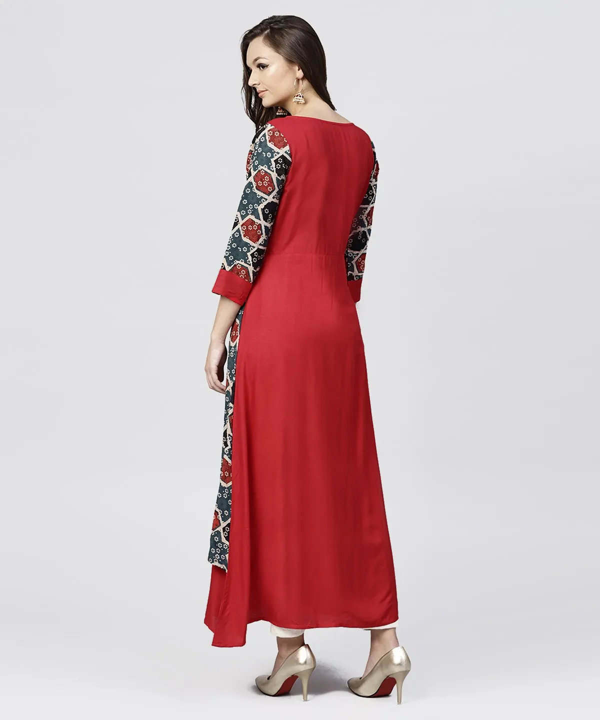 Red Cotton Full Sleeves Kurti With An Attached Jacket And Emblished With Thread Work And Tassel
