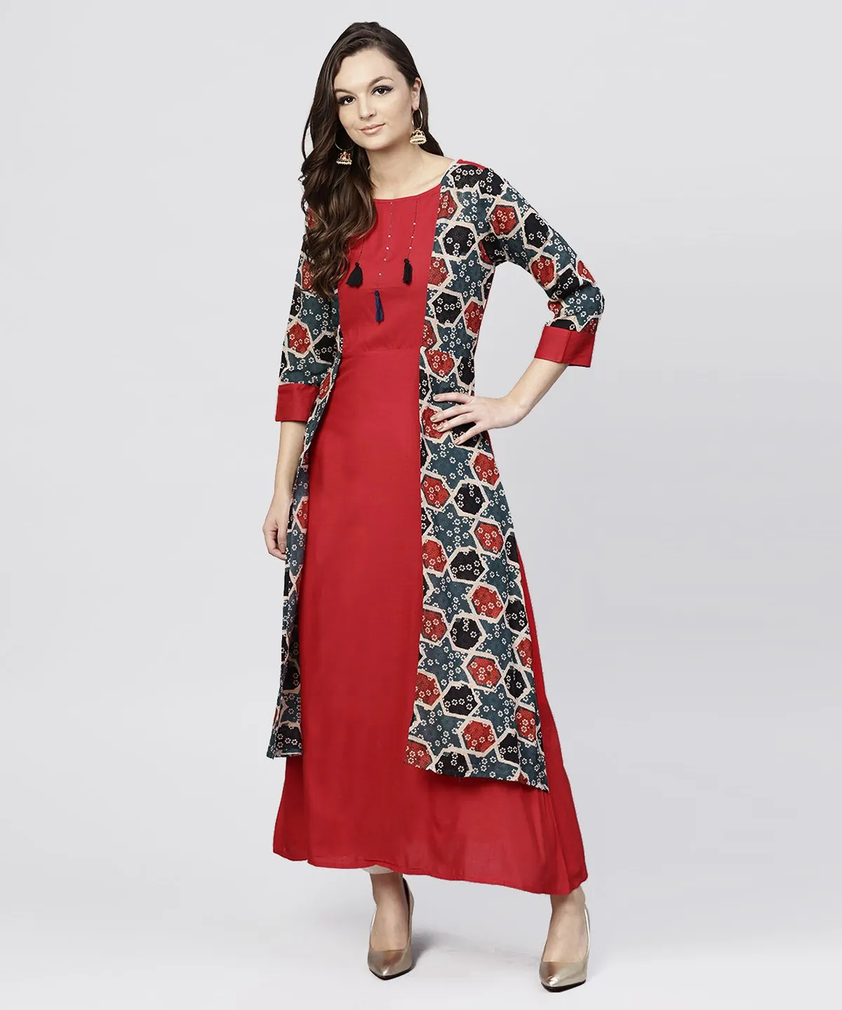 Red Cotton Full Sleeves Kurti With An Attached Jacket And Emblished With Thread Work And Tassel
