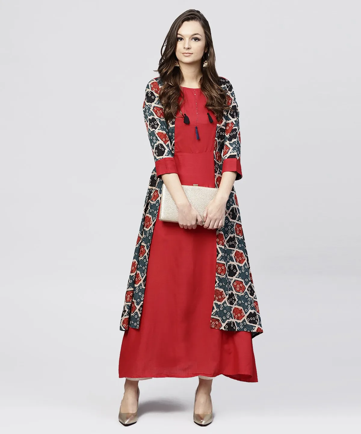 Red Cotton Full Sleeves Kurti With An Attached Jacket And Emblished With Thread Work And Tassel