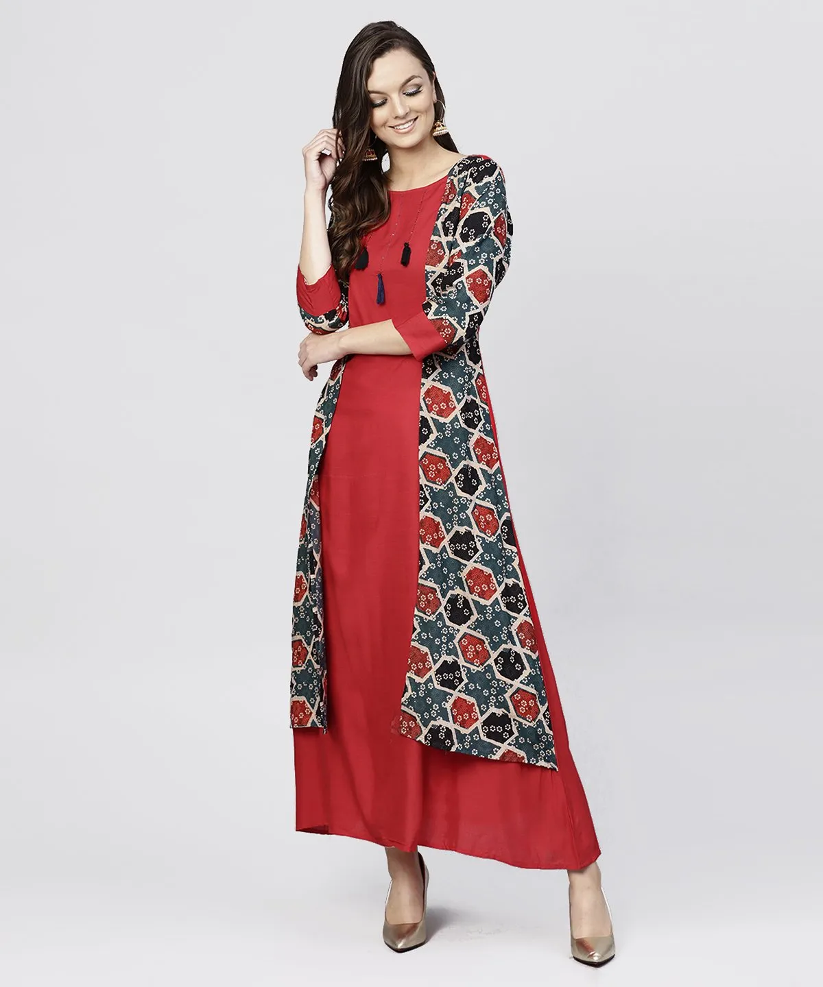 Red Cotton Full Sleeves Kurti With An Attached Jacket And Emblished With Thread Work And Tassel