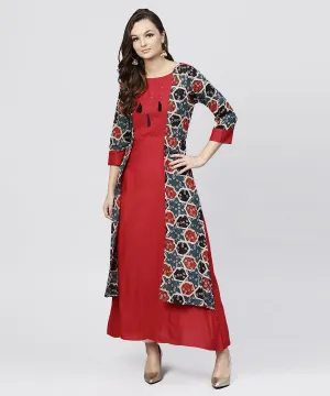 Red Cotton Full Sleeves Kurti With An Attached Jacket And Emblished With Thread Work And Tassel
