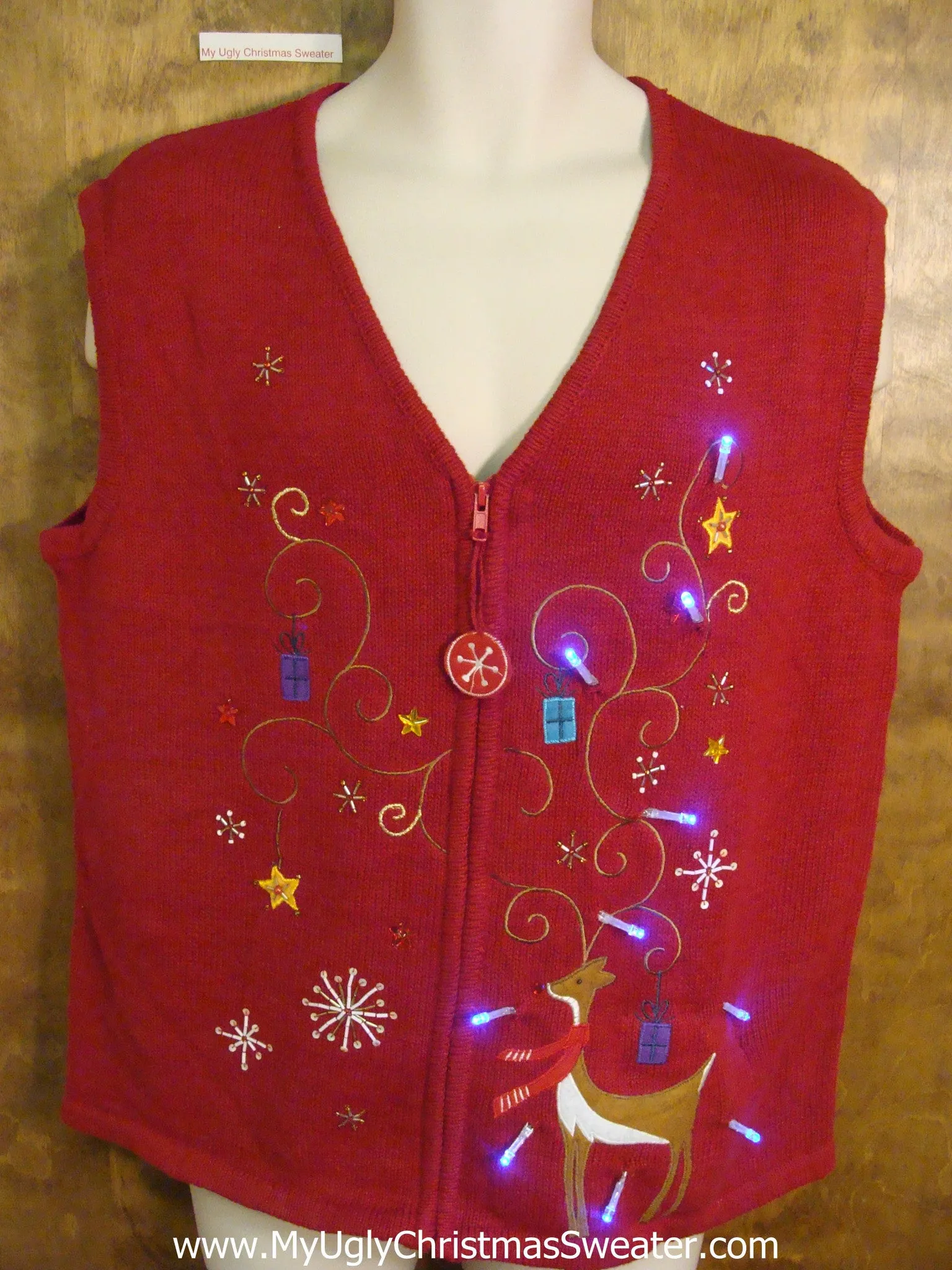 Red Cute Christmas Reindeer Sweater Vest with Lights
